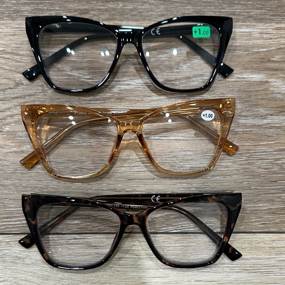Vintage-Inspired Cat Eye Readers Trio - Black, Amber, Tortoise